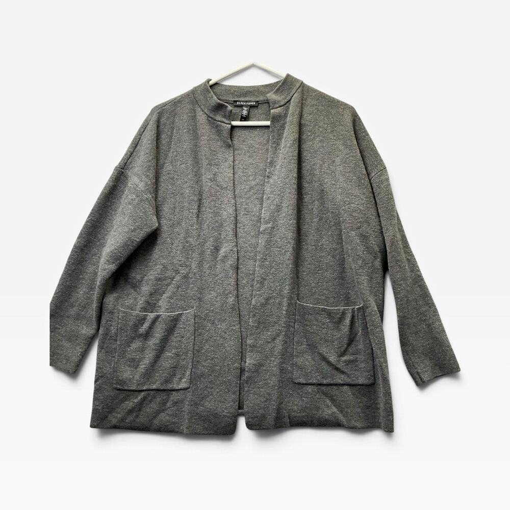 Eileen Fisher Gray Merino Wool Knit Open Front Pocket Cardigan Sweater Size S
